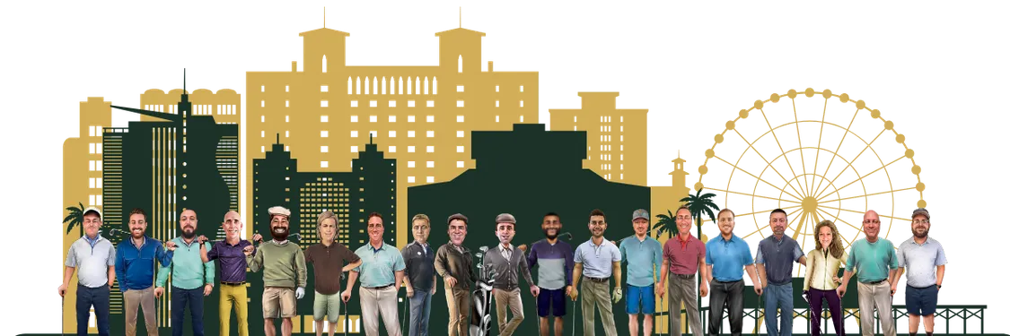 The Myrtle Beach Golf Golfmasters in front of the Myrtle Beach skyline