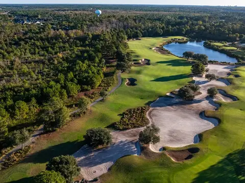 Barefoot Resort Stay and Play package aerial of the Dye Course fairways and lakes
